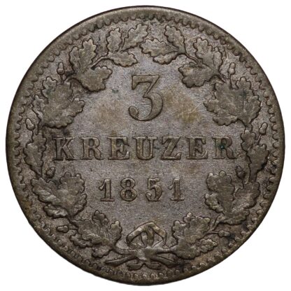 German States Kingdom of Bavaria 1851 3 Kreuzers KM# 800 World Silver Coin - Image 3