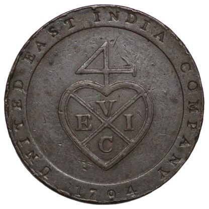 India-British Madras Presidency 1794 1/96 Rupee (1/2 Dub) KM# 392 Copper Coin - Image 3