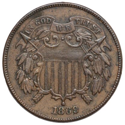 United States USA 1869 Shield Two Cent Piece 2C World Bronze Coin - Tougher Date - Image 2