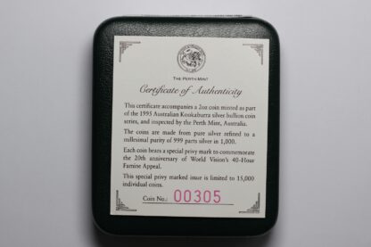 1995 Australian Kookaburra World Vision 40-Hour Famine Privy 2oz Silver Coin - Image 3