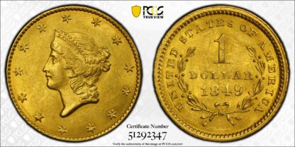 PCGS MS62 United States 1849 Gold Dollar G$1 Open Wreath Uncirculated Gold Coin - Image 2