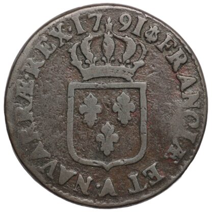 France 1791-A Sol Louis XVI KM# 578.1 Paris Mint World Copper Coin - Image 3