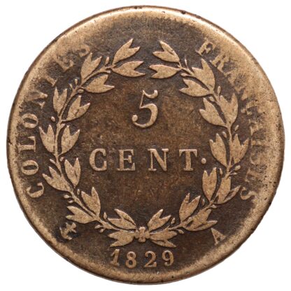 France-French Colonies 1829-A 5 Centimes Charles X Bronze Coin - Key Date Rare - Image 3