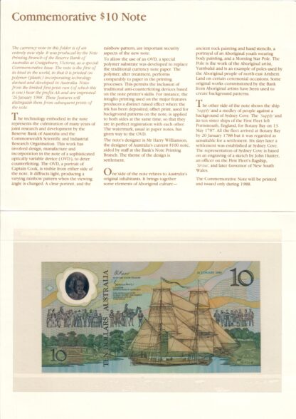 Australia 1988 $10 Commemorative Banknote in Folder AA Prefix & Date Overprint - Image 2