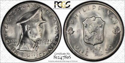 PCGS MS65 Philippines 1947-S 1 Peso Douglas MacArthur Silver Uncirculated Coin - Image 2