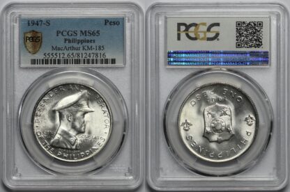 PCGS MS65 Philippines 1947-S 1 Peso Douglas MacArthur Silver Uncirculated Coin - Image 3