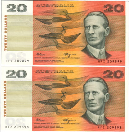 Australia 1985 $20 Banknotes Consecutive Pair