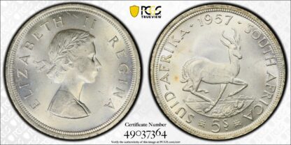 PCGS Graded MS63 South Africa 1957 5 Shillings KM# 52 Uncirculated Silver Coin - Image 2