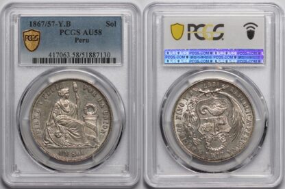 PCGS Graded AU58 Peru 1867/57-Y.B Sol Overdate Type I aUnc Silver World Coin - Image 2