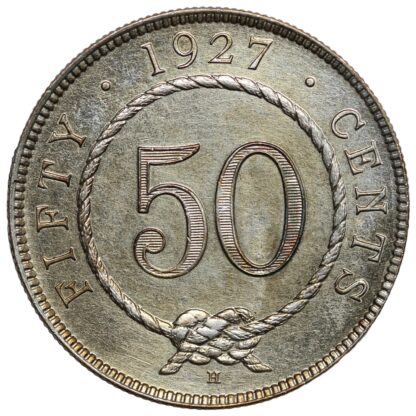 Sarawak 1927-H 50 Cents C.V. Brooke Rajah World Silver Coin - Scarce 1-Year Type - Image 3