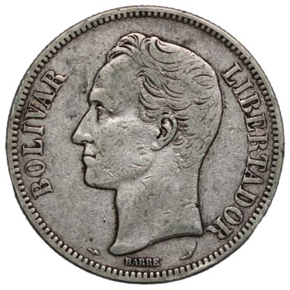 Venezuela 1911 5 Bolívares Y# 24.2 World Silver Coin - Image 2