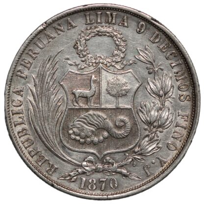 Peru Republic 1870-Y.J 1 Sol Lima Mint KM# 196.3 World Silver Coin - Image 2