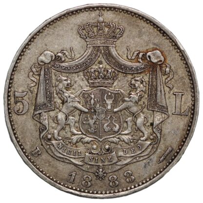 Romania 1883-B 5 Lei Crown with 2 Dots Variety KM# 17 World Silver Coin - Image 3