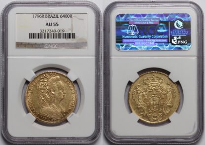 NGC Graded AU55 Brazil 1796-R 6400 Reis Maria I Almost Uncirculated Gold Coin - Image 2
