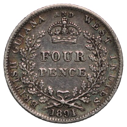 British Guiana & West Indies 1891 Fourpence 4d Victoria KM# 26 World Silver Coin - Image 3
