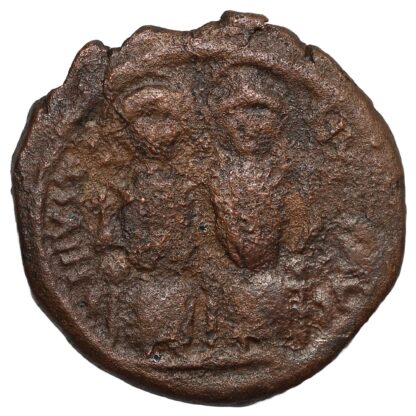 Ancient Byzantine Coin Justin II & Sophia AD 568/9 (Year 4) Æ Follis Nicomedia - Image 2