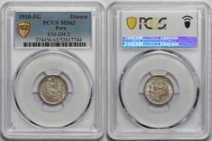 PCGS Graded MS63 Peru 1910-FG Dinero Lima Mint Uncirculated World Silver Coin - Image 2