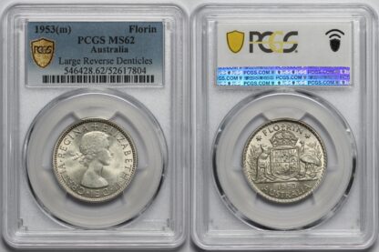 PCGS MS62 Australia 1953 Florin Large Denticles Unc Silver Coin Scarcer Variety - Image 2