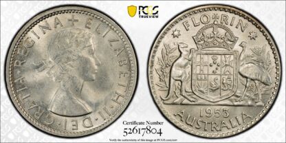 PCGS MS62 Australia 1953 Florin Large Denticles Unc Silver Coin Scarcer Variety - Image 3