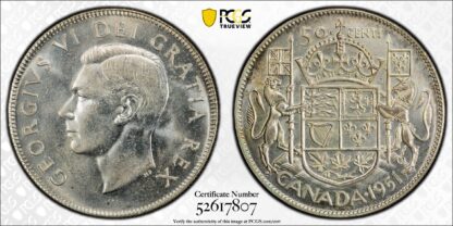 PCGS Graded MS65 Canada 1951 50 Cents Narrow Date Uncirculated Silver Coin - Image 3