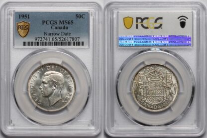 PCGS Graded MS65 Canada 1951 50 Cents Narrow Date Uncirculated Silver Coin - Image 2