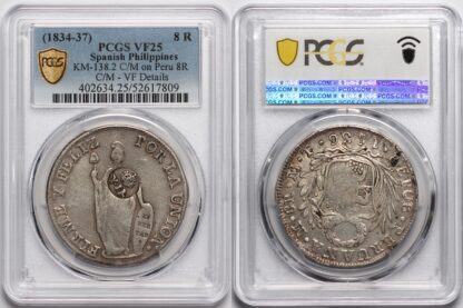 PCGS VF25 Spanish Philippines (1834-37) 8 Reales C/M on Peru 8R Silver Coin Rare - Image 2
