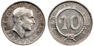 Sarawak 1920-H 10 Cents C.V. Brooke Rajah World Silver Coin Rare 1-Year Type
