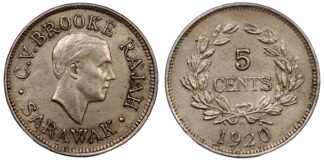 Sarawak 1920-H 5 Cents C.V. Brooke Rajah KM# 14 World Coin Rare Type