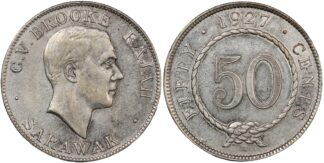 Sarawak 1927-H 50 Cents C.V. Brooke Rajah World Silver Coin - Scarce 1-Year Type