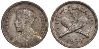 New Zealand 1934 Threepence 3D George V KM# 1 World Silver Coin