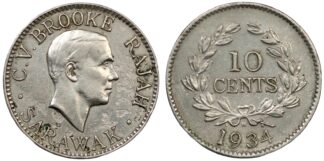 Sarawak 1934-H 10 Cents C.V. Brooke Rajah KM# 16 World Coin Rare Type