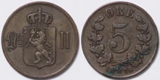 Norway 1878 5 Ore KM-349 World Bronze Coin - Scarcer Date
