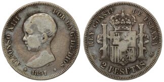 Spain 1891-PG M 2 Pesetas Alfonso XIII 1st Portrait Silver Coin -  Key Date Rare