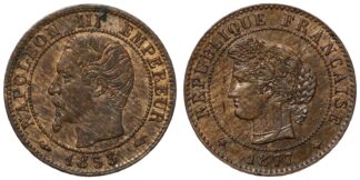 Lot of 2 France 1 Centime 1853-A KM# 775.1 & 1877-A KM# 826.1 World Bronze Coins