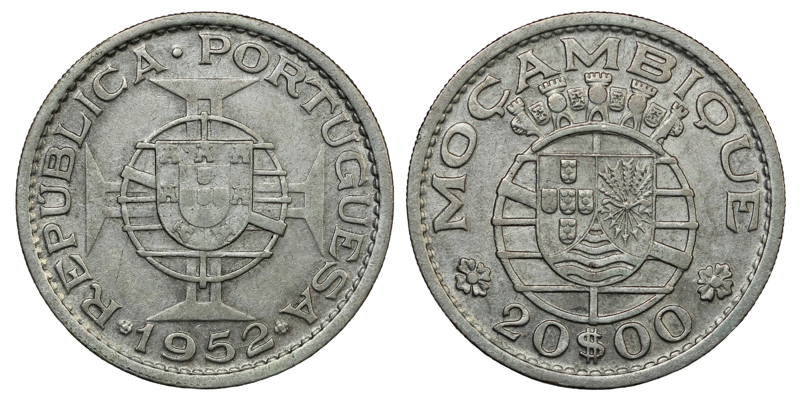 Mozambique 20 Escudos 1952 World Silver Coin KM#80