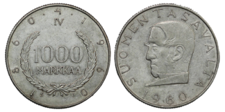 Finland Republic 1000 markkaa 1960 World Silver Coin KM#43