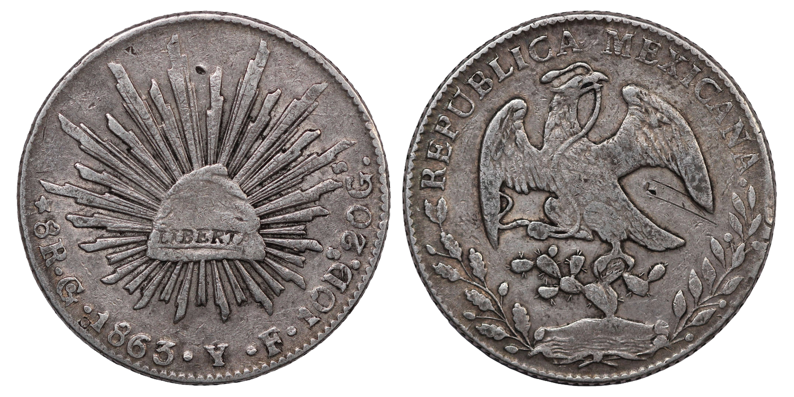 Mexico Silver 8 reales Republican issue 1863 KM 377.8 World Coin