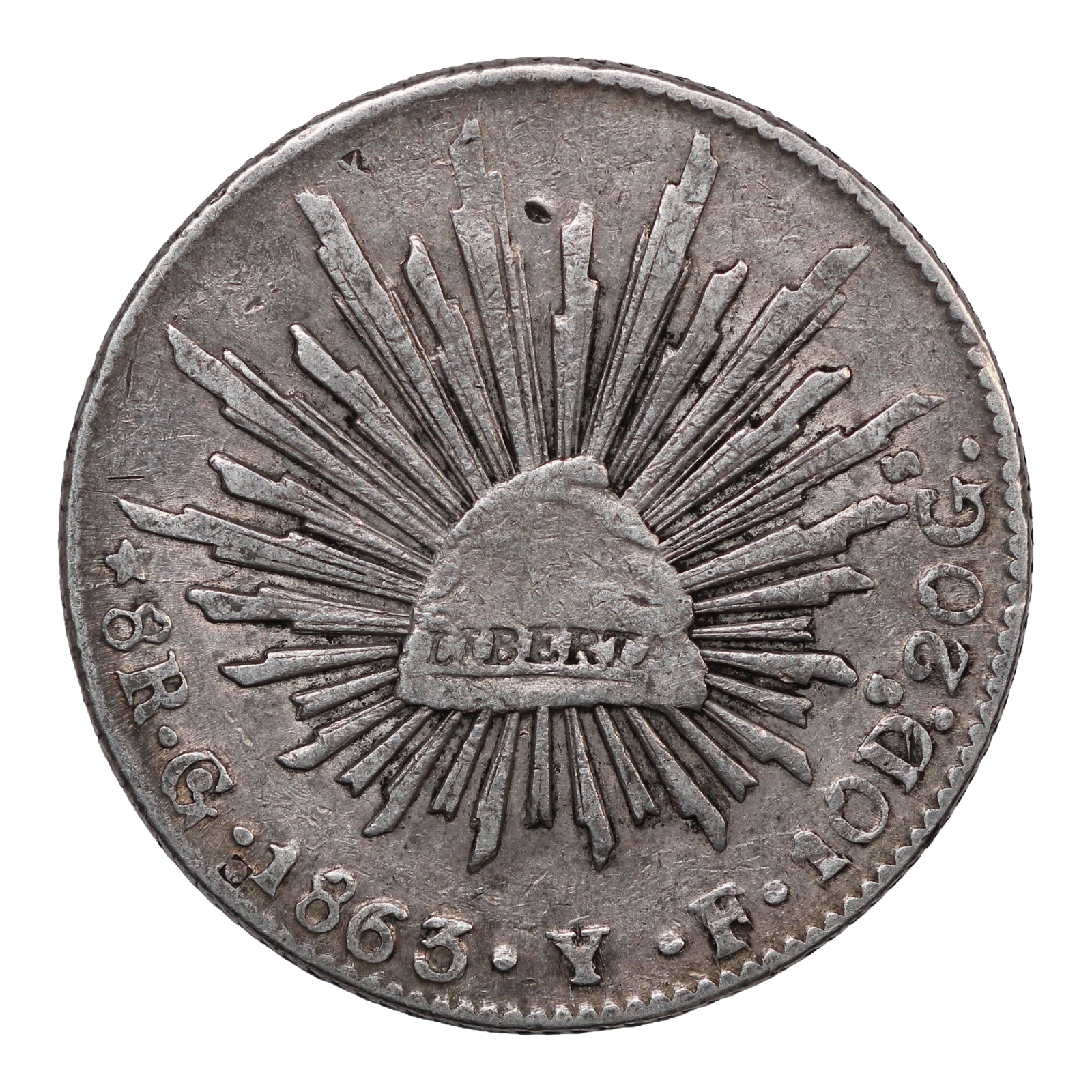 Mexico Silver 8 reales Republican issue 1863 KM 377.8 World Coin - Image 2
