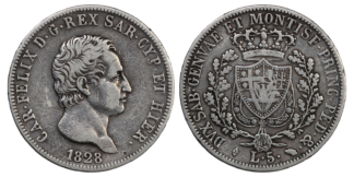 Kingdom of Sardinia Silver 5 Lire Carlo Felice 1828 KM 116.1 (Sardinia)