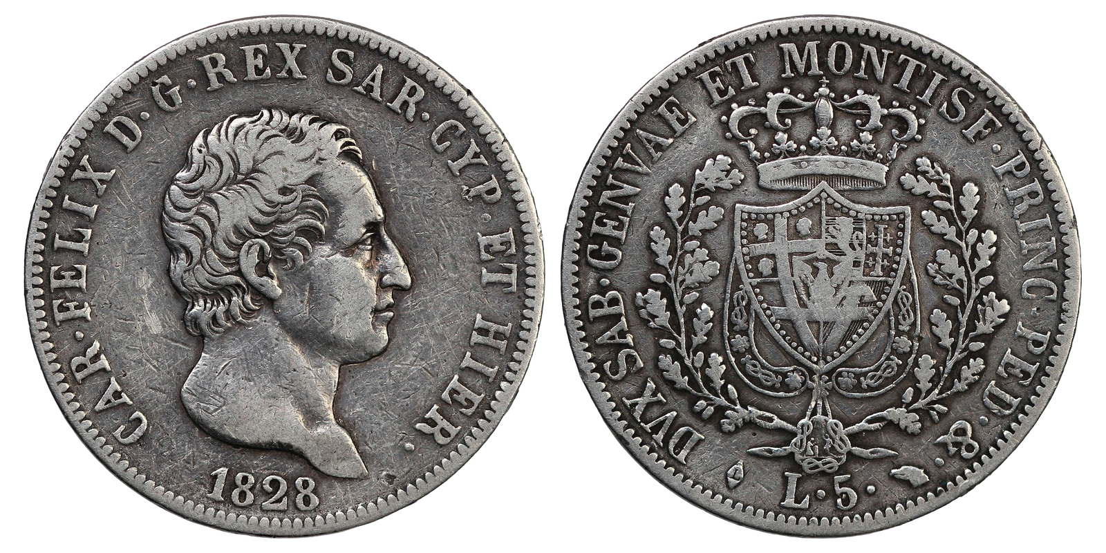 Kingdom of Sardinia Silver 5 Lire Carlo Felice 1828 KM 116.1 (Sardinia)