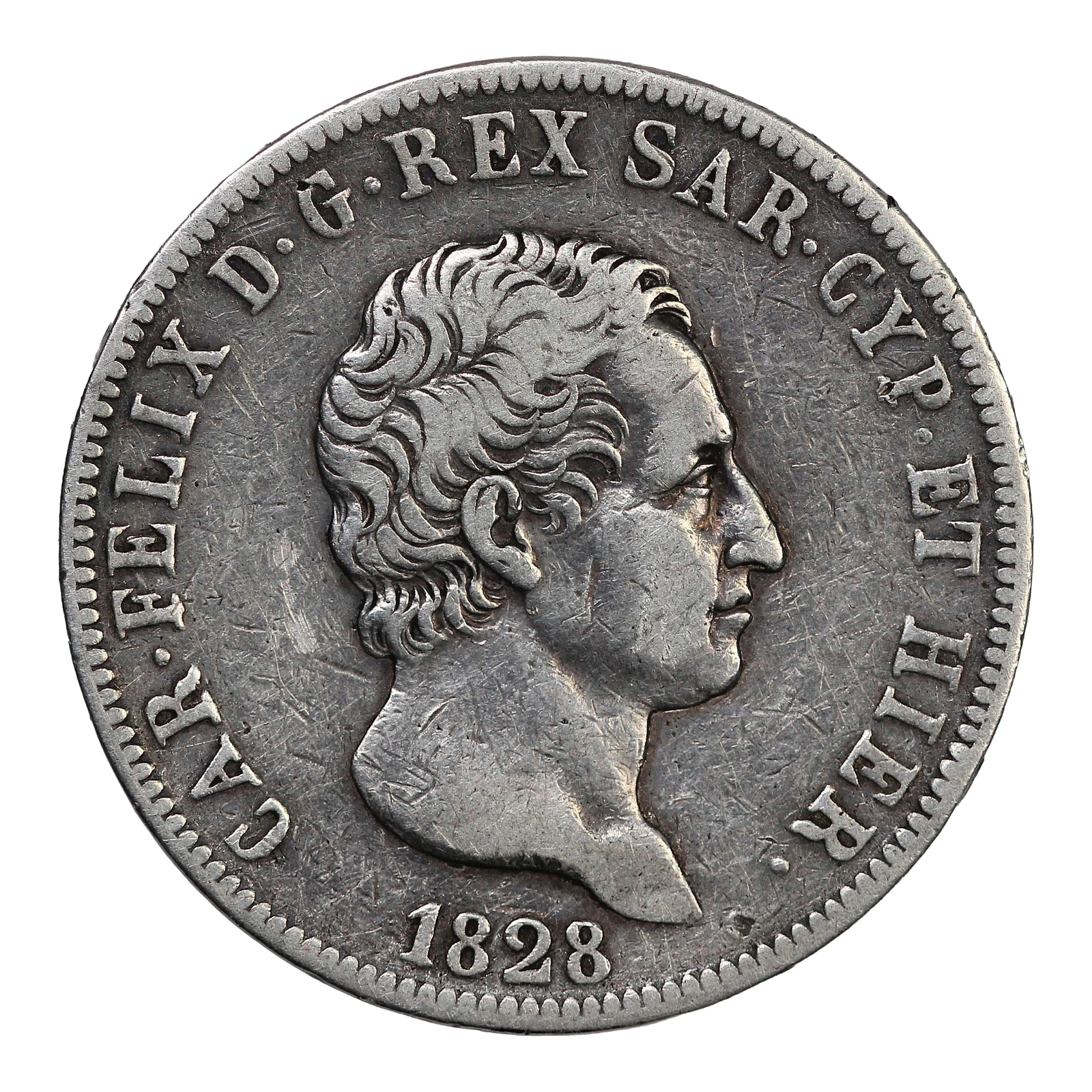 Kingdom of Sardinia Silver 5 Lire Carlo Felice 1828 KM 116.1 (Sardinia) - Image 2