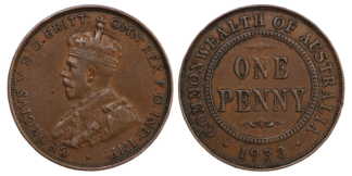 Australia Bronze One penny George V 1933/2 Overdate