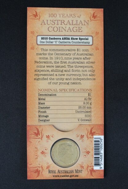 2010 $1 'C' Canberra Counterstamp Uncirculated Coin - Canberra ANDA Show Special - Image 2