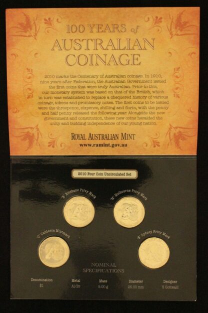 2010 Australia Four Coin Uncirculated Set - Coinage Anniversary C, S, M, B - Image 2